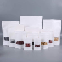 Load image into Gallery viewer, White Kraft Zip Lock Stand Up Pouches with U-Notch and Window Pack of 50pcs
